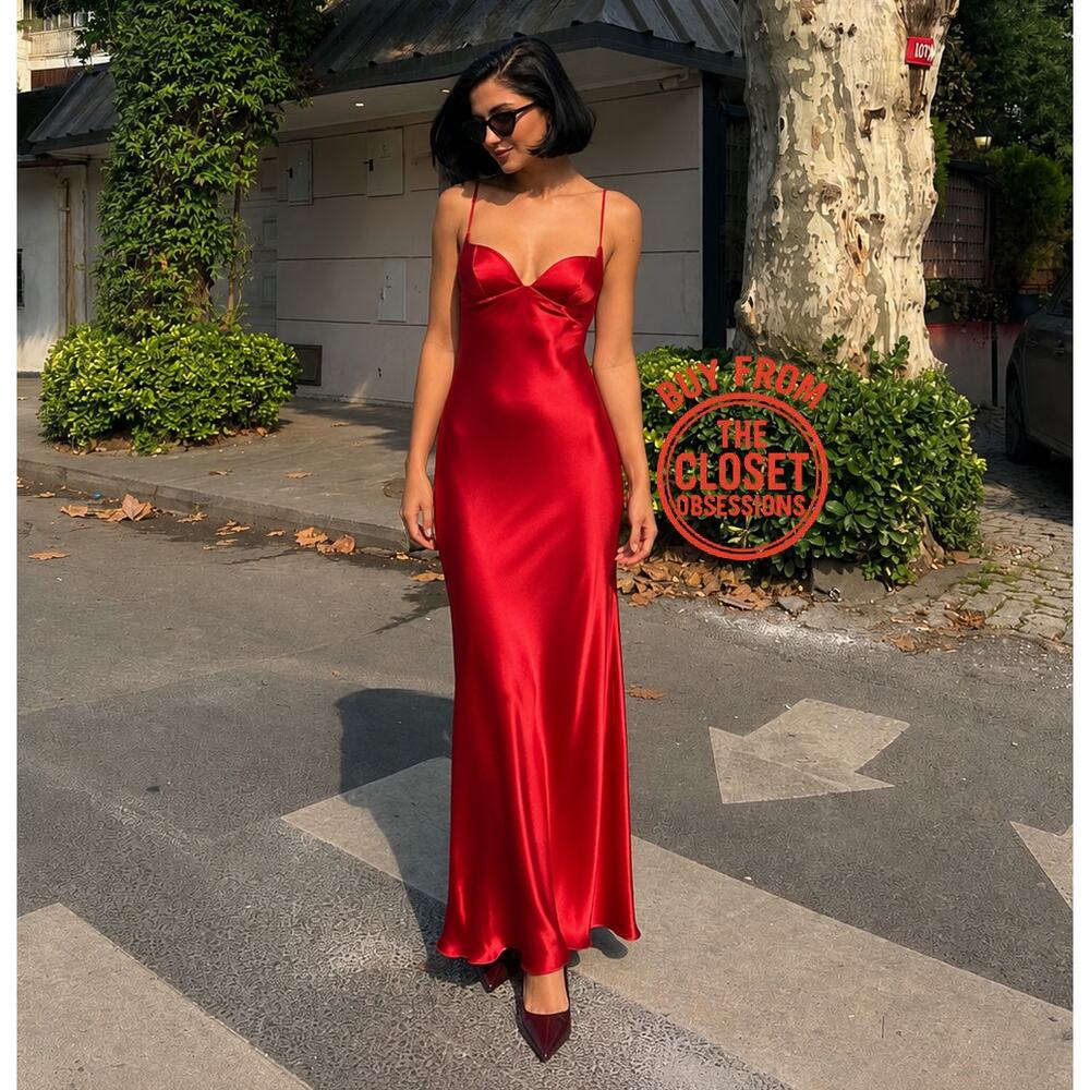 Zara NWT Red Satin Sweetheart Maxi Dress L - Picture 7 of 16